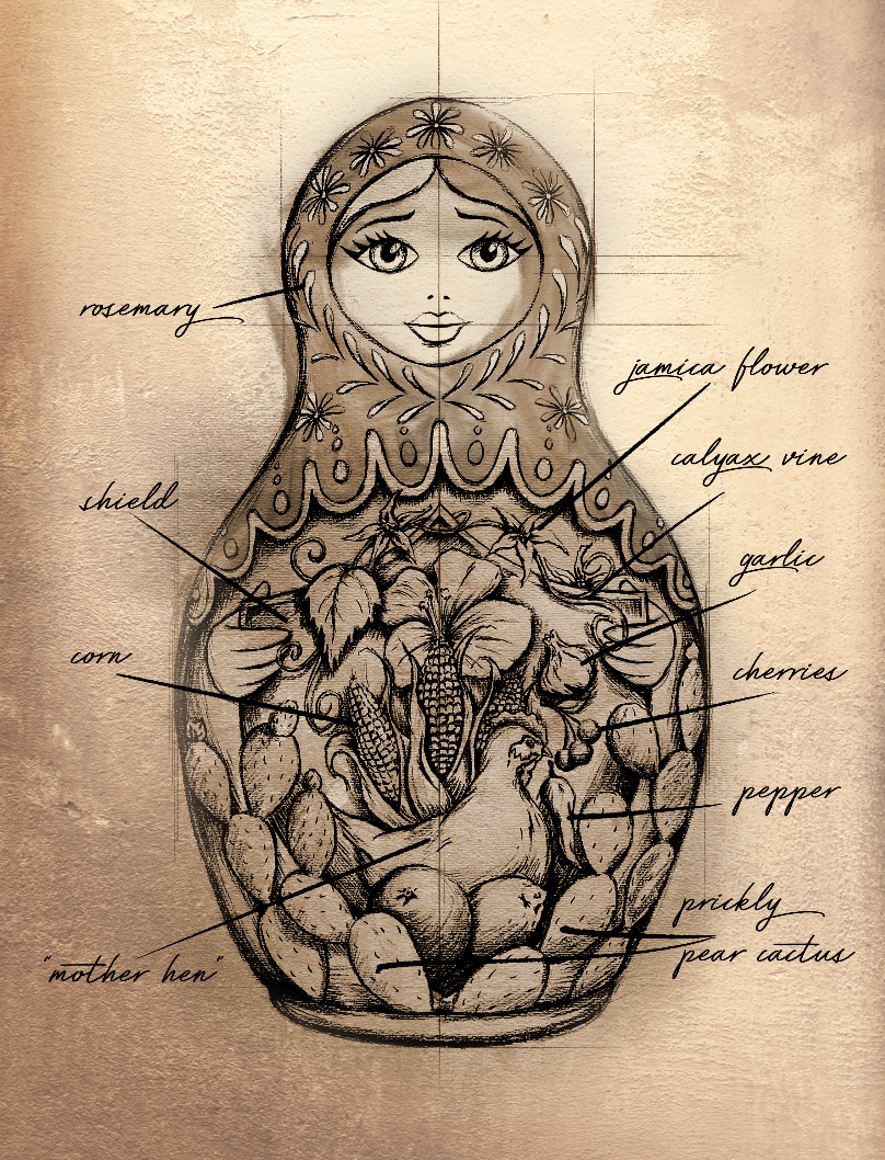 Illustrated matryoshka doll with Casa Madre's seasonal ingredients